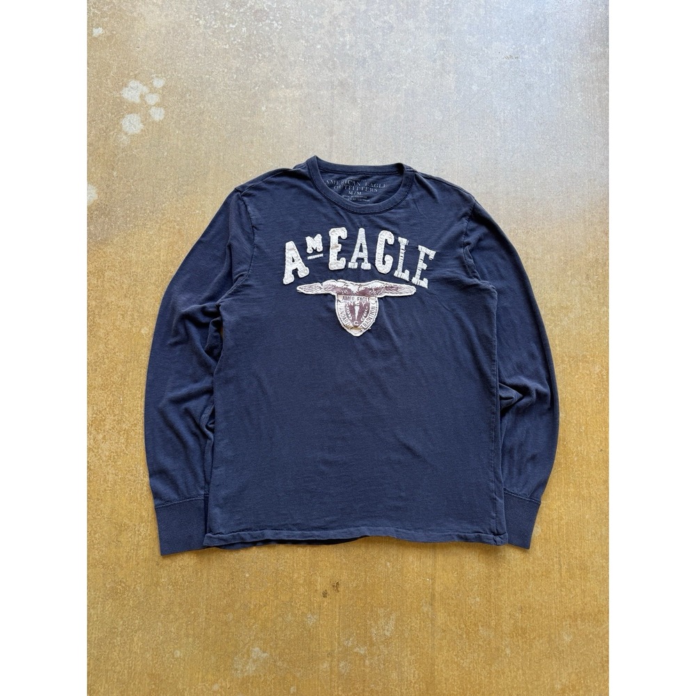 American Eagle Navy Blue Embroidered Skater Surfer Y2K Long Sleeve T-Shirt (M)